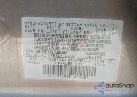 2015 Nissan Versa 1.6 Sv from USA, damaged, VIN 3N1CN7AP2FL895587